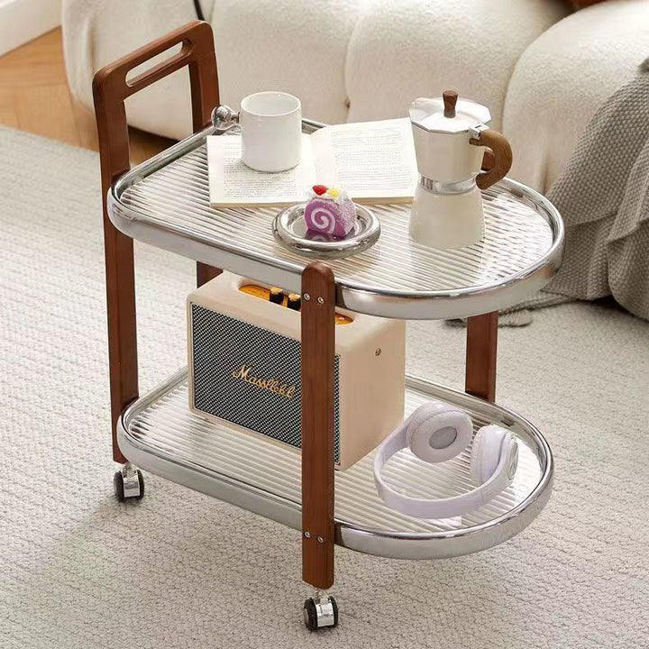 Moderner minimalistischer runder rechteckiger Glas-Massivholz-Beistelltisch mit 4 Beinen, 2 Ebenen, beweglich für das Wohnzimmer 
