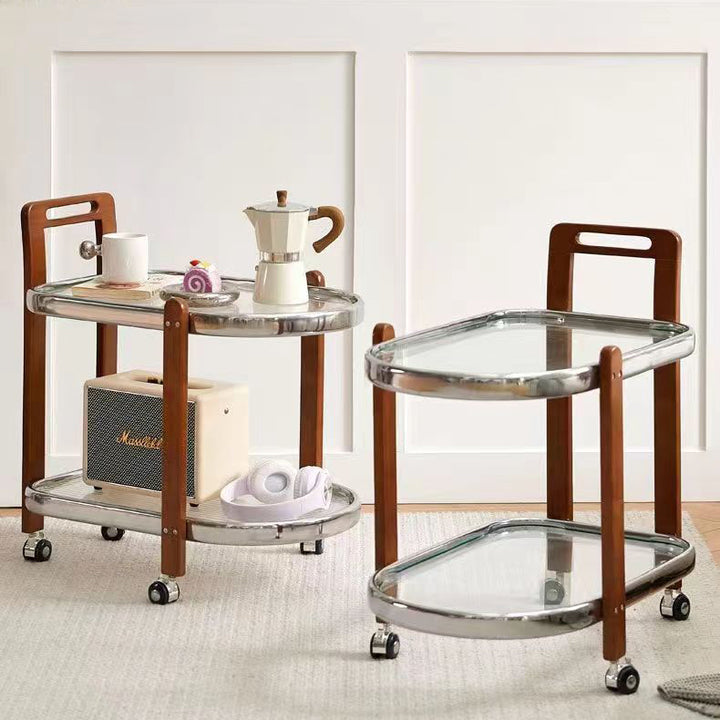 Moderner minimalistischer runder rechteckiger Glas-Massivholz-Beistelltisch mit 4 Beinen, 2 Ebenen, beweglich für das Wohnzimmer 