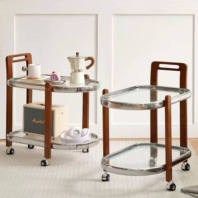 Modern Minimalist Round Rectangular Glass Solid Wood End Table 4-Leg 2-Tier Movable For Living Room