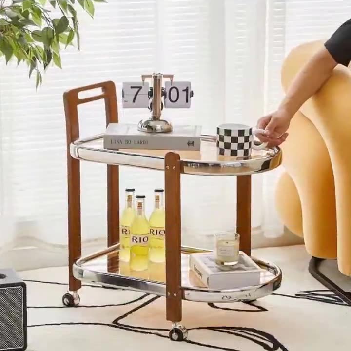 Moderner minimalistischer runder rechteckiger Glas-Massivholz-Beistelltisch mit 4 Beinen, 2 Ebenen, beweglich für das Wohnzimmer 