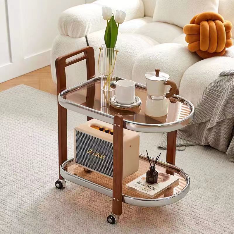 Moderner minimalistischer runder rechteckiger Glas-Massivholz-Beistelltisch mit 4 Beinen, 2 Ebenen, beweglich für das Wohnzimmer 
