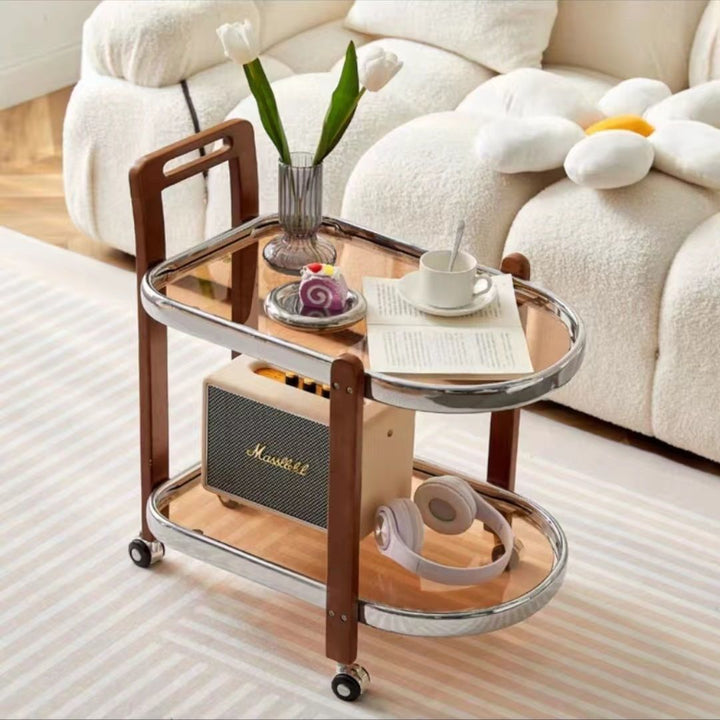 Moderner minimalistischer runder rechteckiger Glas-Massivholz-Beistelltisch mit 4 Beinen, 2 Ebenen, beweglich für das Wohnzimmer 