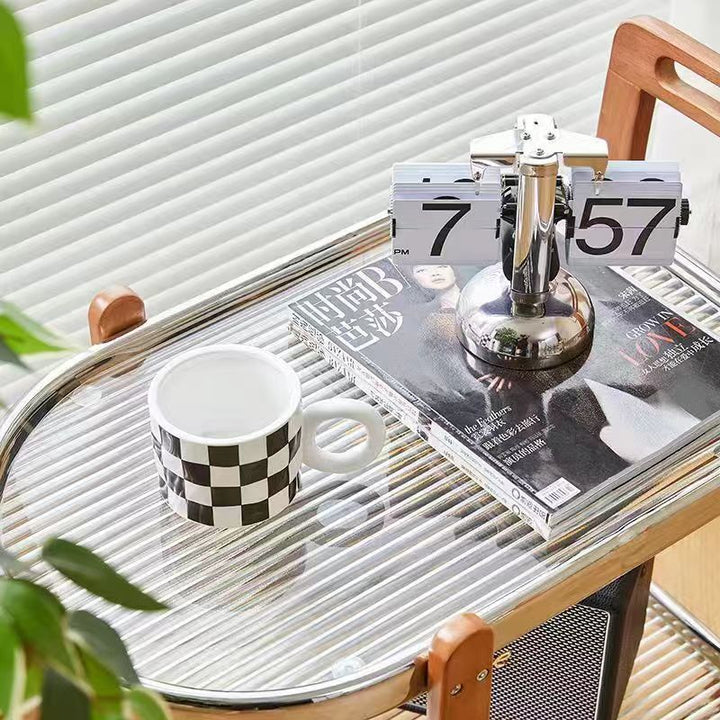Moderner minimalistischer runder rechteckiger Glas-Massivholz-Beistelltisch mit 4 Beinen, 2 Ebenen, beweglich für das Wohnzimmer 