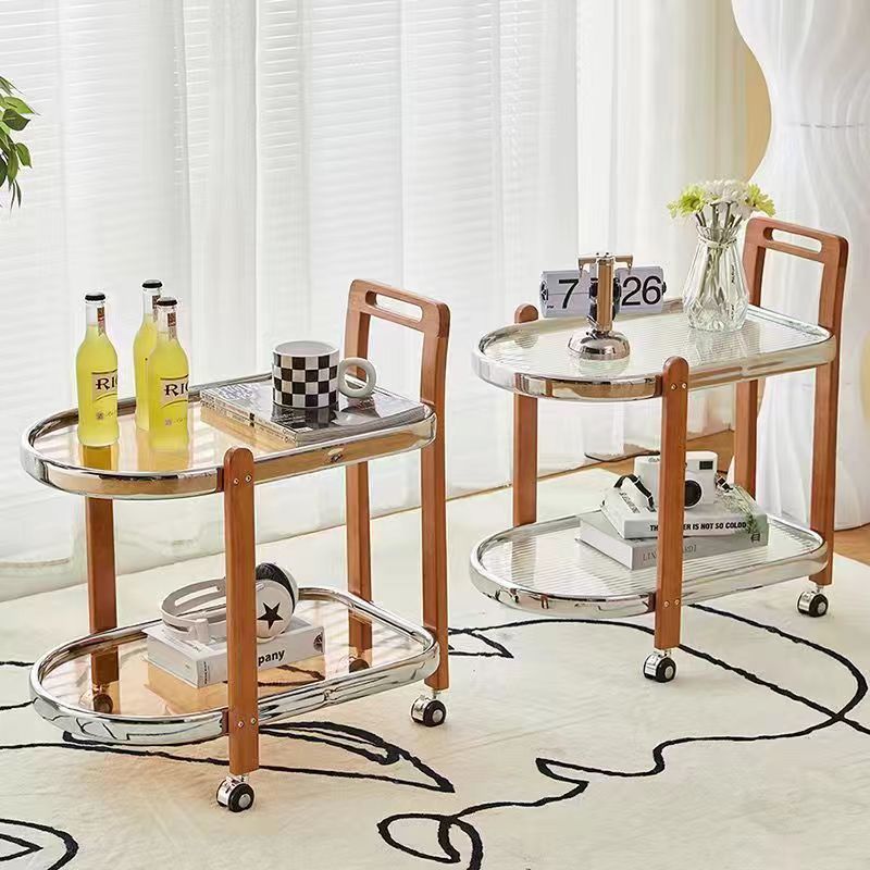 Moderner minimalistischer runder rechteckiger Glas-Massivholz-Beistelltisch mit 4 Beinen, 2 Ebenen, beweglich für das Wohnzimmer 
