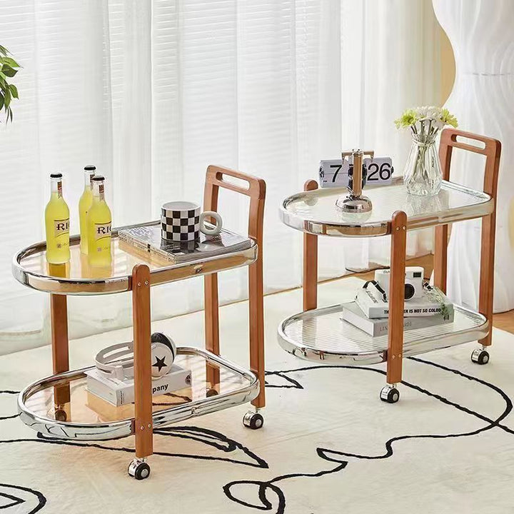Moderner minimalistischer runder rechteckiger Glas-Massivholz-Beistelltisch mit 4 Beinen, 2 Ebenen, beweglich für das Wohnzimmer 