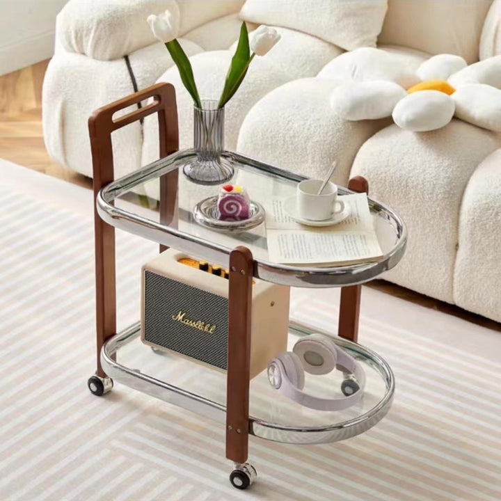 Moderner minimalistischer runder rechteckiger Glas-Massivholz-Beistelltisch mit 4 Beinen, 2 Ebenen, beweglich für das Wohnzimmer 