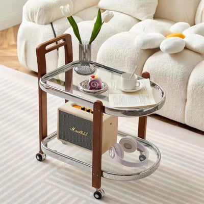 Modern Minimalist Round Rectangular Glass Solid Wood End Table 4-Leg 2-Tier Movable For Living Room