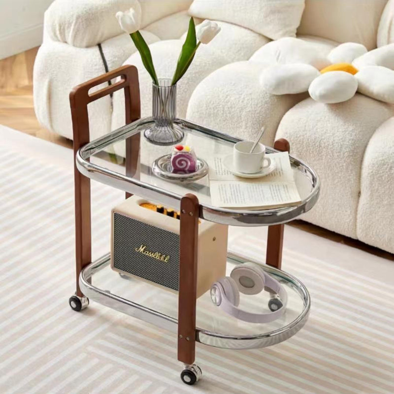 Modern Minimalist Round Rectangular Glass Solid Wood End Table 4-Leg 2-Tier Movable For Living Room