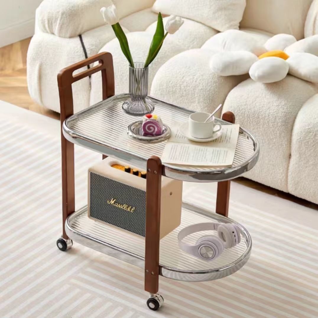 Moderner minimalistischer runder rechteckiger Glas-Massivholz-Beistelltisch mit 4 Beinen, 2 Ebenen, beweglich für das Wohnzimmer 