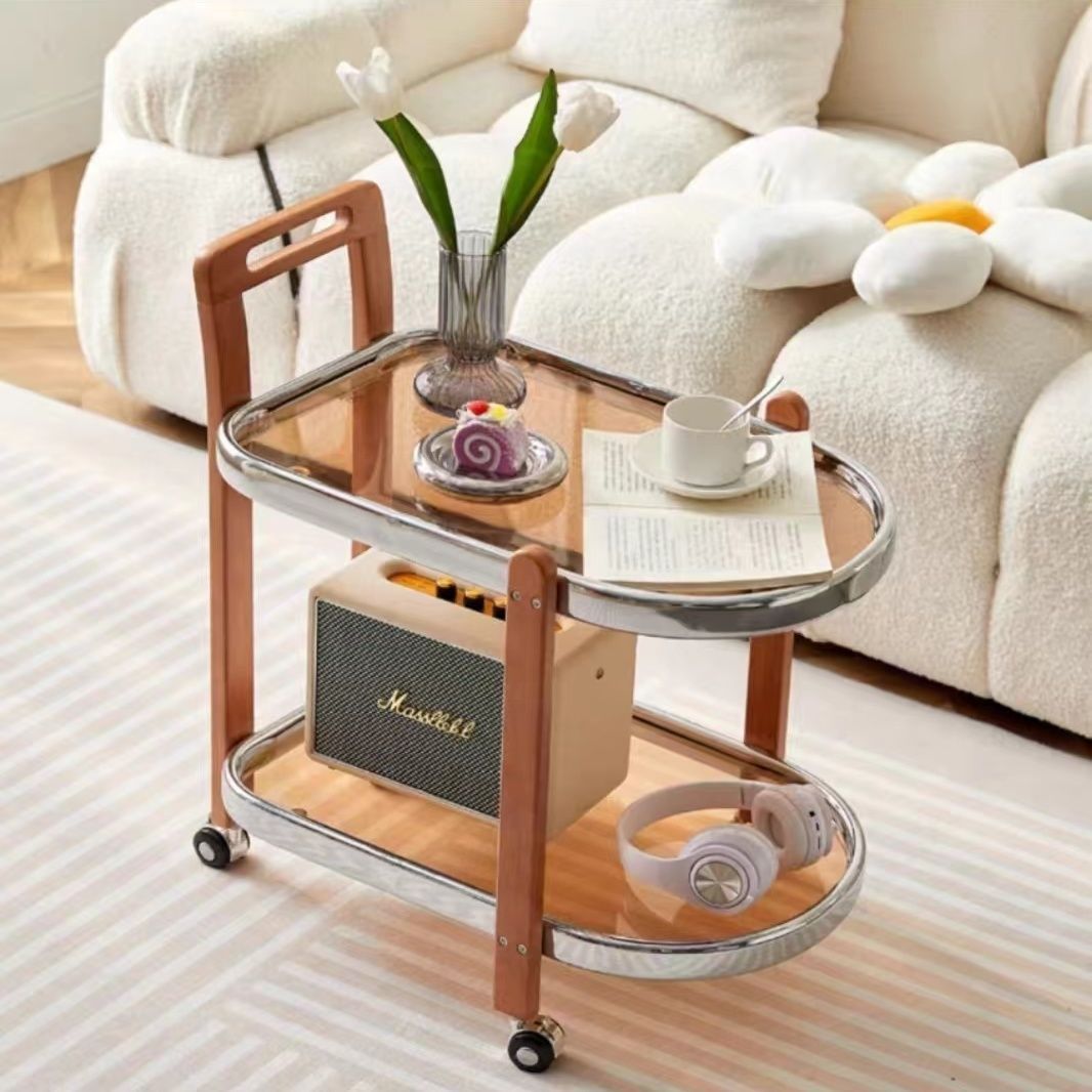 Moderner minimalistischer runder rechteckiger Glas-Massivholz-Beistelltisch mit 4 Beinen, 2 Ebenen, beweglich für das Wohnzimmer 