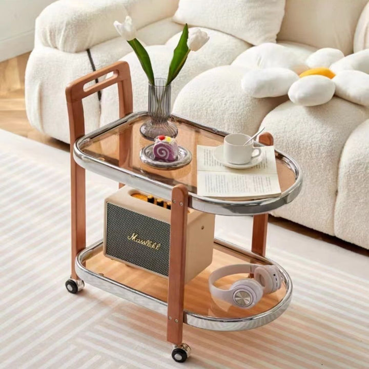 Moderner minimalistischer runder rechteckiger Glas-Massivholz-Beistelltisch mit 4 Beinen, 2 Ebenen, beweglich für das Wohnzimmer 