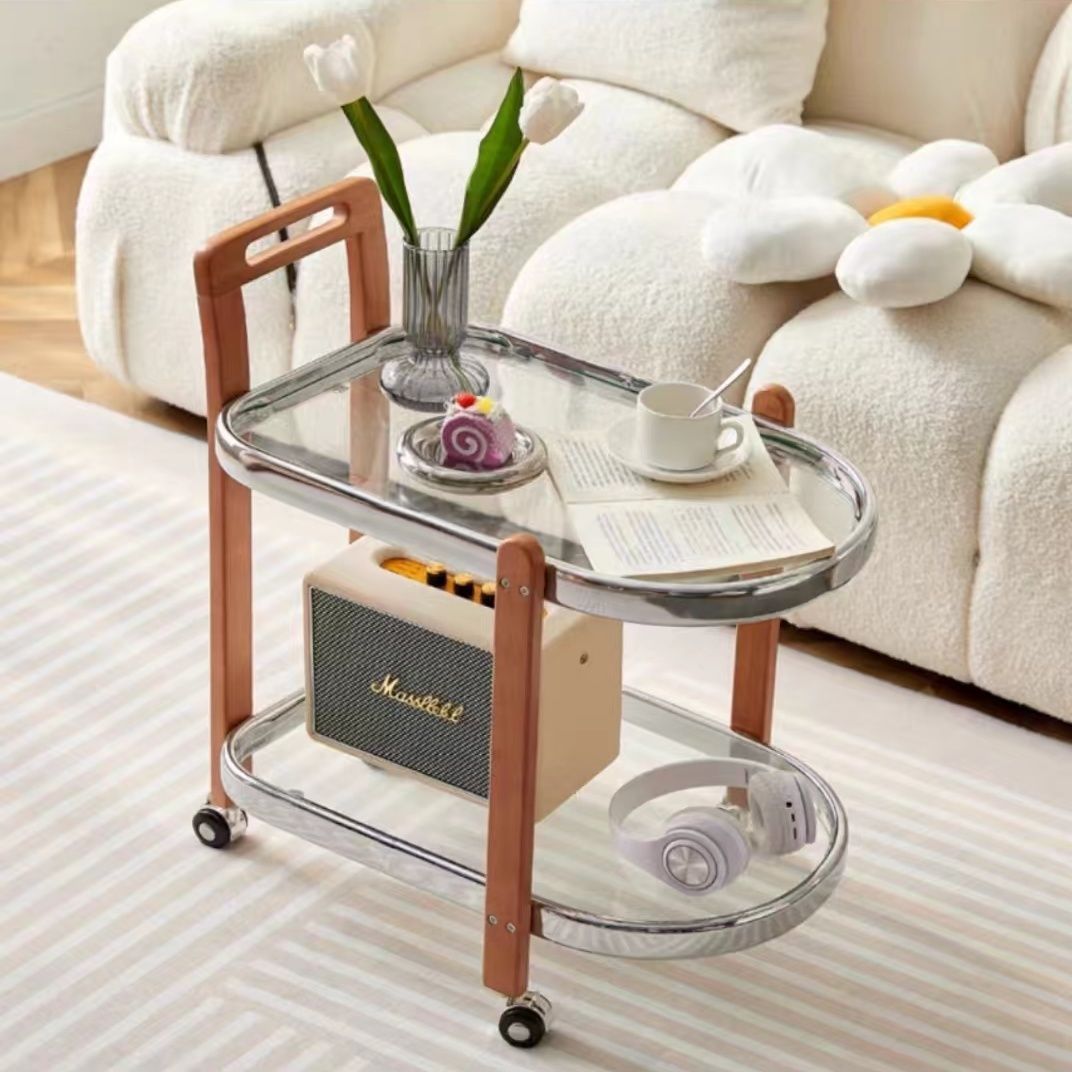 Moderner minimalistischer runder rechteckiger Glas-Massivholz-Beistelltisch mit 4 Beinen, 2 Ebenen, beweglich für das Wohnzimmer 