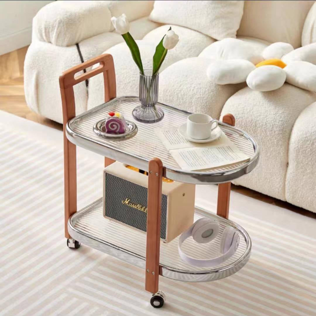 Moderner minimalistischer runder rechteckiger Glas-Massivholz-Beistelltisch mit 4 Beinen, 2 Ebenen, beweglich für das Wohnzimmer 