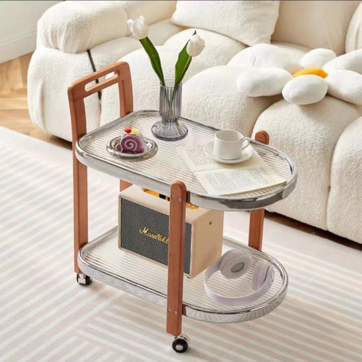 Moderner minimalistischer runder rechteckiger Glas-Massivholz-Beistelltisch mit 4 Beinen, 2 Ebenen, beweglich für das Wohnzimmer 
