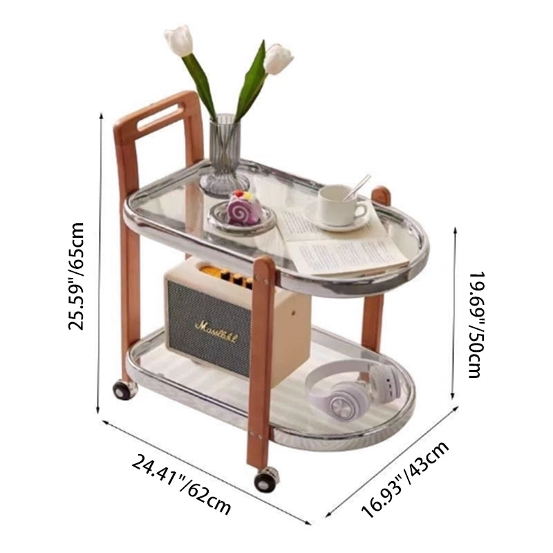 Moderner minimalistischer runder rechteckiger Glas-Massivholz-Beistelltisch mit 4 Beinen, 2 Ebenen, beweglich für das Wohnzimmer 