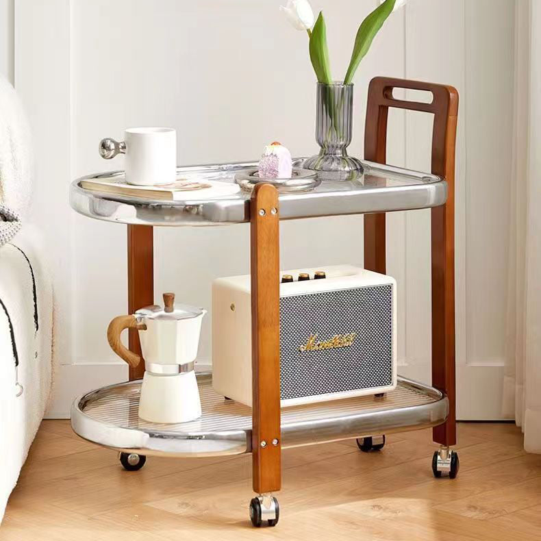 Moderner minimalistischer runder rechteckiger Glas-Massivholz-Beistelltisch mit 4 Beinen, 2 Ebenen, beweglich für das Wohnzimmer 