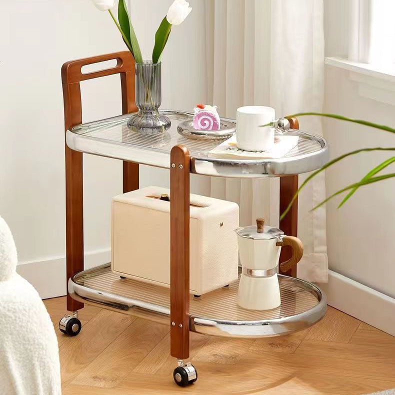 Moderner minimalistischer runder rechteckiger Glas-Massivholz-Beistelltisch mit 4 Beinen, 2 Ebenen, beweglich für das Wohnzimmer 