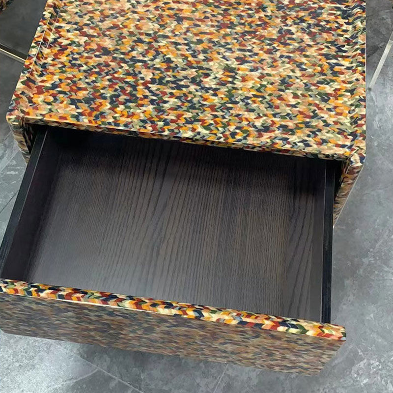 Modern Minimalist Rectangular Acrylic Eco-Friendly Panel Tech Wood Veneer Stainless Steel Nightstand 2-Leg 1-Drawer For Bedroom