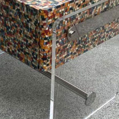 Modern Minimalist Rectangular Acrylic Eco-Friendly Panel Tech Wood Veneer Stainless Steel Nightstand 2-Leg 1-Drawer For Bedroom