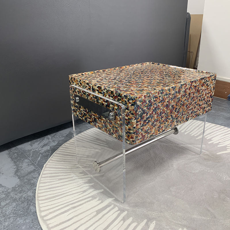 Modern Minimalist Rectangular Acrylic Eco-Friendly Panel Tech Wood Veneer Stainless Steel Nightstand 2-Leg 1-Drawer For Bedroom