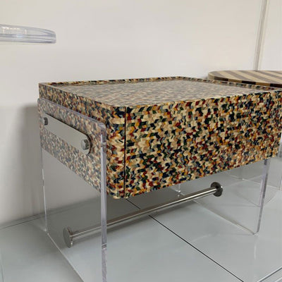 Modern Minimalist Rectangular Acrylic Eco-Friendly Panel Tech Wood Veneer Stainless Steel Nightstand 2-Leg 1-Drawer For Bedroom