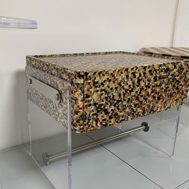 Modern Minimalist Rectangular Acrylic Eco-Friendly Panel Tech Wood Veneer Stainless Steel Nightstand 2-Leg 1-Drawer For Bedroom