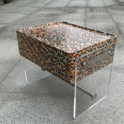 Modern Minimalist Rectangular Acrylic Eco-Friendly Panel Tech Wood Veneer Stainless Steel Nightstand 2-Leg 1-Drawer For Bedroom