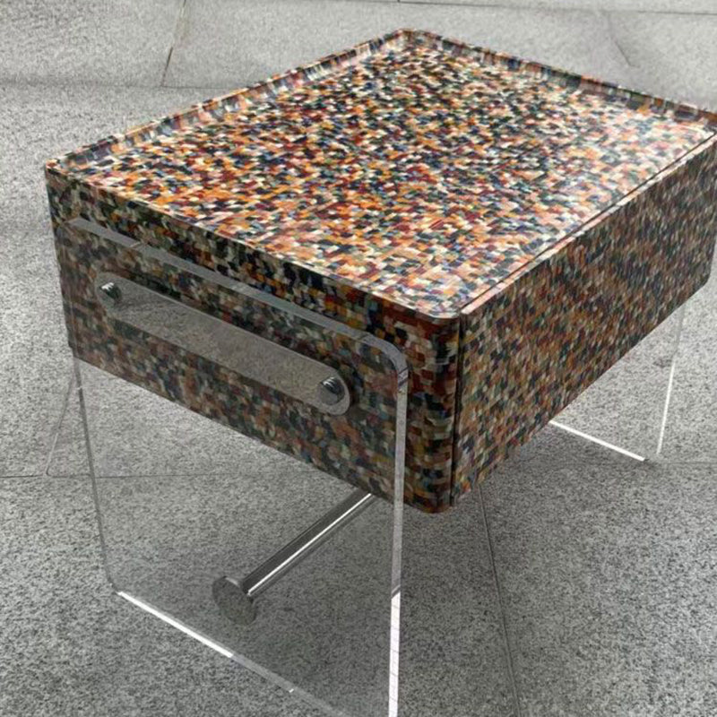 Modern Minimalist Rectangular Acrylic Eco-Friendly Panel Tech Wood Veneer Stainless Steel Nightstand 2-Leg 1-Drawer For Bedroom