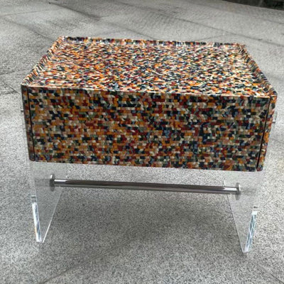 Modern Minimalist Rectangular Acrylic Eco-Friendly Panel Tech Wood Veneer Stainless Steel Nightstand 2-Leg 1-Drawer For Bedroom