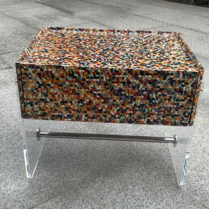 Modern Minimalist Rectangular Acrylic Eco-Friendly Panel Tech Wood Veneer Stainless Steel Nightstand 2-Leg 1-Drawer For Bedroom