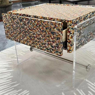Modern Minimalist Rectangular Acrylic Eco-Friendly Panel Tech Wood Veneer Stainless Steel Nightstand 2-Leg 1-Drawer For Bedroom