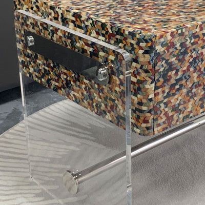 Modern Minimalist Rectangular Acrylic Eco-Friendly Panel Tech Wood Veneer Stainless Steel Nightstand 2-Leg 1-Drawer For Bedroom