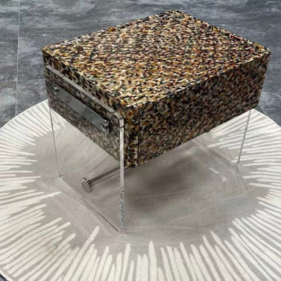 Modern Minimalist Rectangular Acrylic Eco-Friendly Panel Tech Wood Veneer Stainless Steel Nightstand 2-Leg 1-Drawer For Bedroom