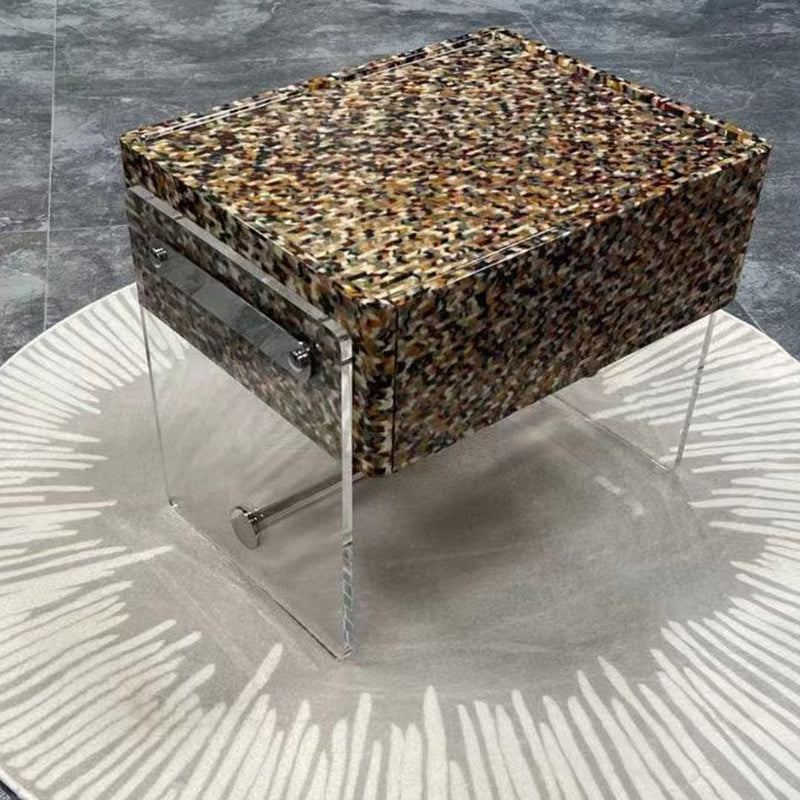 Modern Minimalist Rectangular Acrylic Eco-Friendly Panel Tech Wood Veneer Stainless Steel Nightstand 2-Leg 1-Drawer For Bedroom