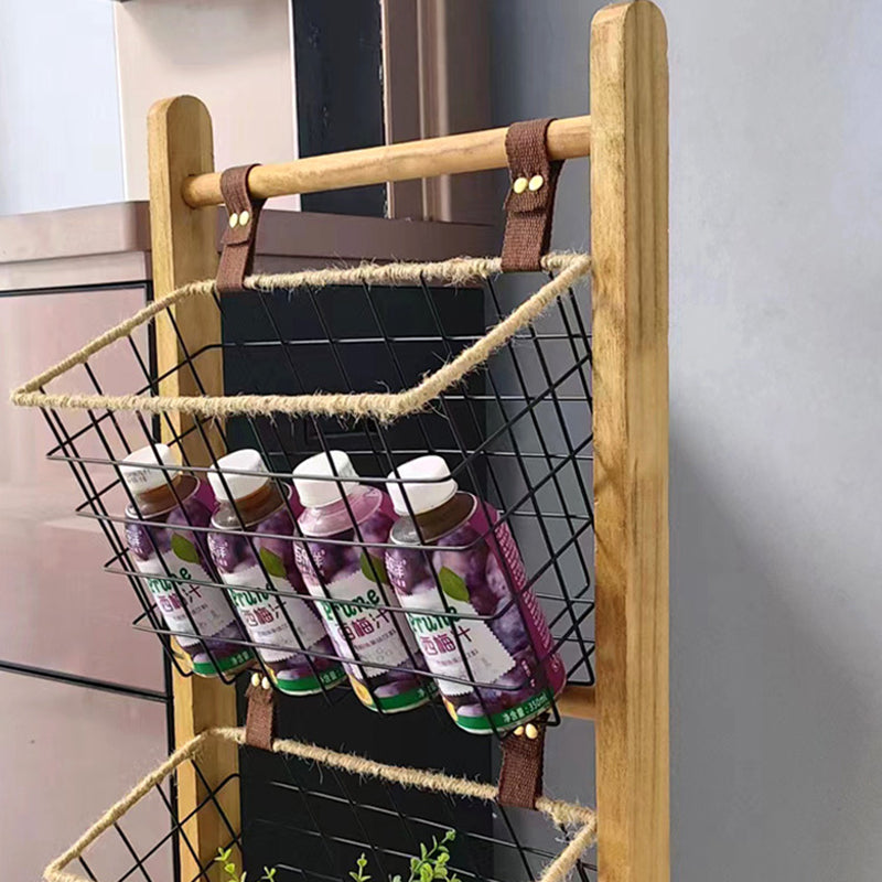 Modern Minimalist Rectangular Solid Wood Iron Rope Display Rack With 3-Basket For Living Room