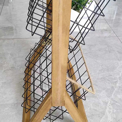Modern Minimalist Rectangular Solid Wood Iron Rope Display Rack With 3-Basket For Living Room