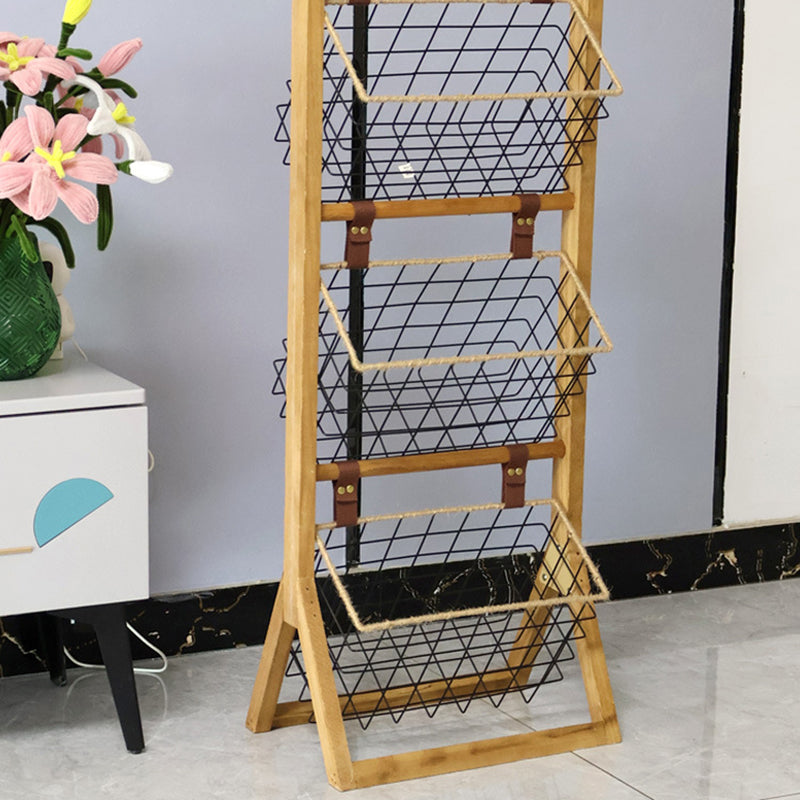 Modern Minimalist Rectangular Solid Wood Iron Rope Display Rack With 3-Basket For Living Room