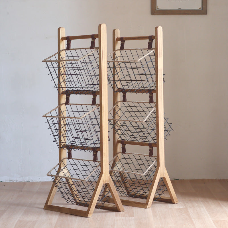Modern Minimalist Rectangular Solid Wood Iron Rope Display Rack With 3-Basket For Living Room