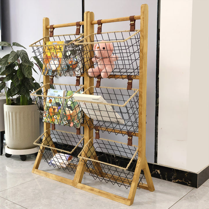 Estante de exhibición moderno minimalista de madera maciza rectangular con cuerda de hierro con 3 cestas para sala de estar 
