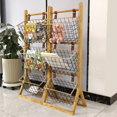 Modern Minimalist Rectangular Solid Wood Iron Rope Display Rack With 3-Basket For Living Room