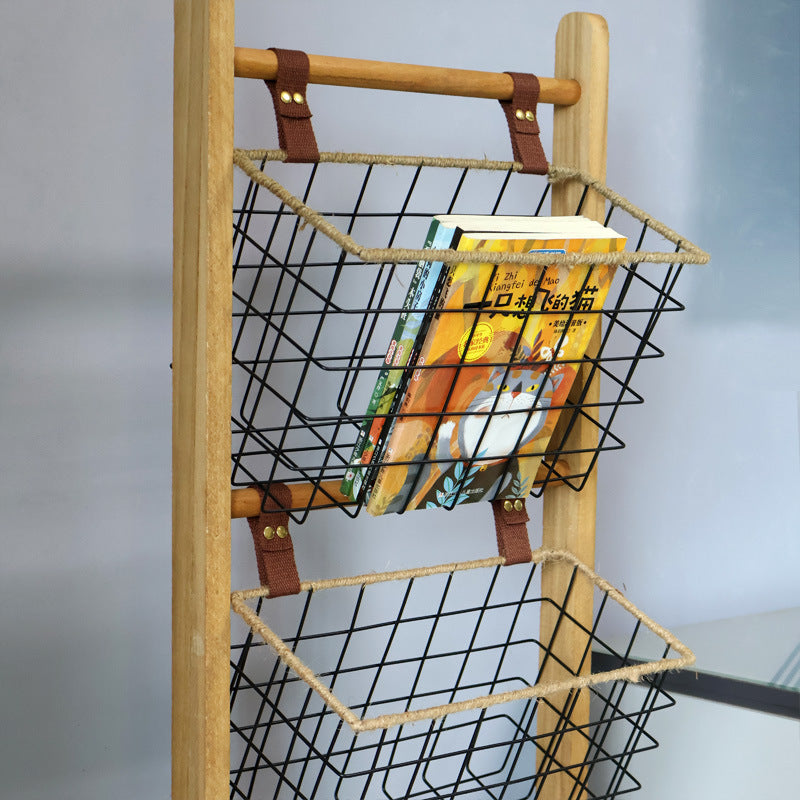 Moderner minimalistischer rechteckiger Massivholz-Eisen-Seil-Display-Rack mit 3-Korb für das Wohnzimmer 