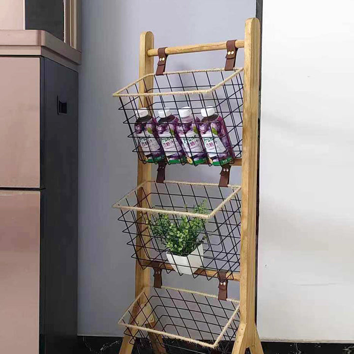 Moderner minimalistischer rechteckiger Massivholz-Eisen-Seil-Display-Rack mit 3-Korb für das Wohnzimmer 