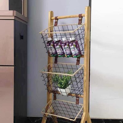 Modern Minimalist Rectangular Solid Wood Iron Rope Display Rack With 3-Basket For Living Room