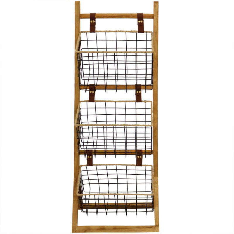 Moderner minimalistischer rechteckiger Massivholz-Eisen-Seil-Display-Rack mit 3-Korb für das Wohnzimmer 