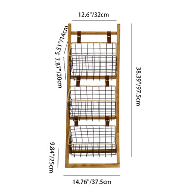 Modern Minimalist Rectangular Solid Wood Iron Rope Display Rack With 3-Basket For Living Room