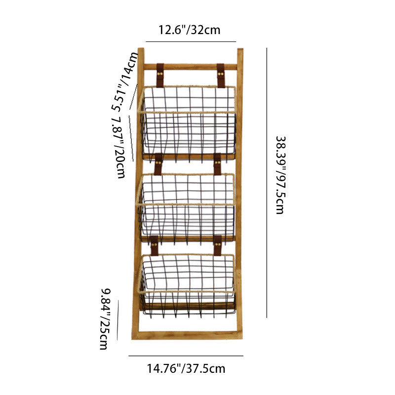 Modern Minimalist Rectangular Solid Wood Iron Rope Display Rack With 3-Basket For Living Room