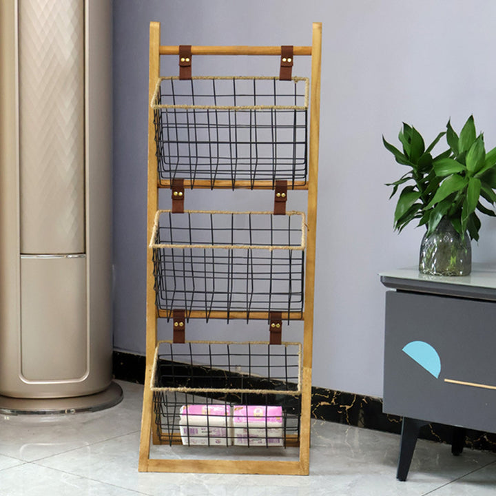 Estante de exhibición moderno minimalista de madera maciza rectangular con cuerda de hierro con 3 cestas para sala de estar 