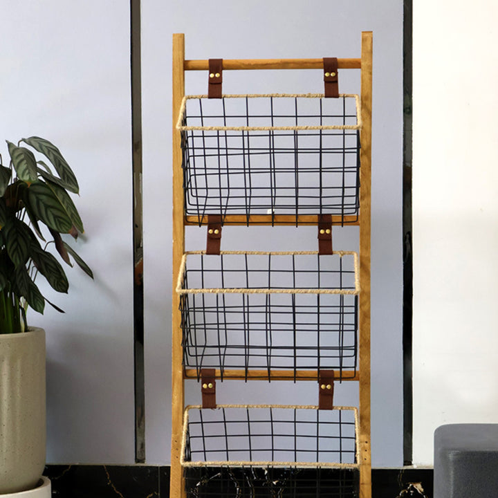 Moderner minimalistischer rechteckiger Massivholz-Eisen-Seil-Display-Rack mit 3-Korb für das Wohnzimmer 