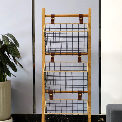 Modern Minimalist Rectangular Solid Wood Iron Rope Display Rack With 3-Basket For Living Room