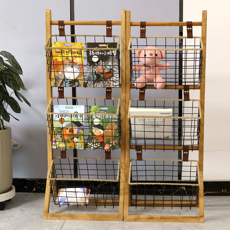 Moderner minimalistischer rechteckiger Massivholz-Eisen-Seil-Display-Rack mit 3-Korb für das Wohnzimmer 